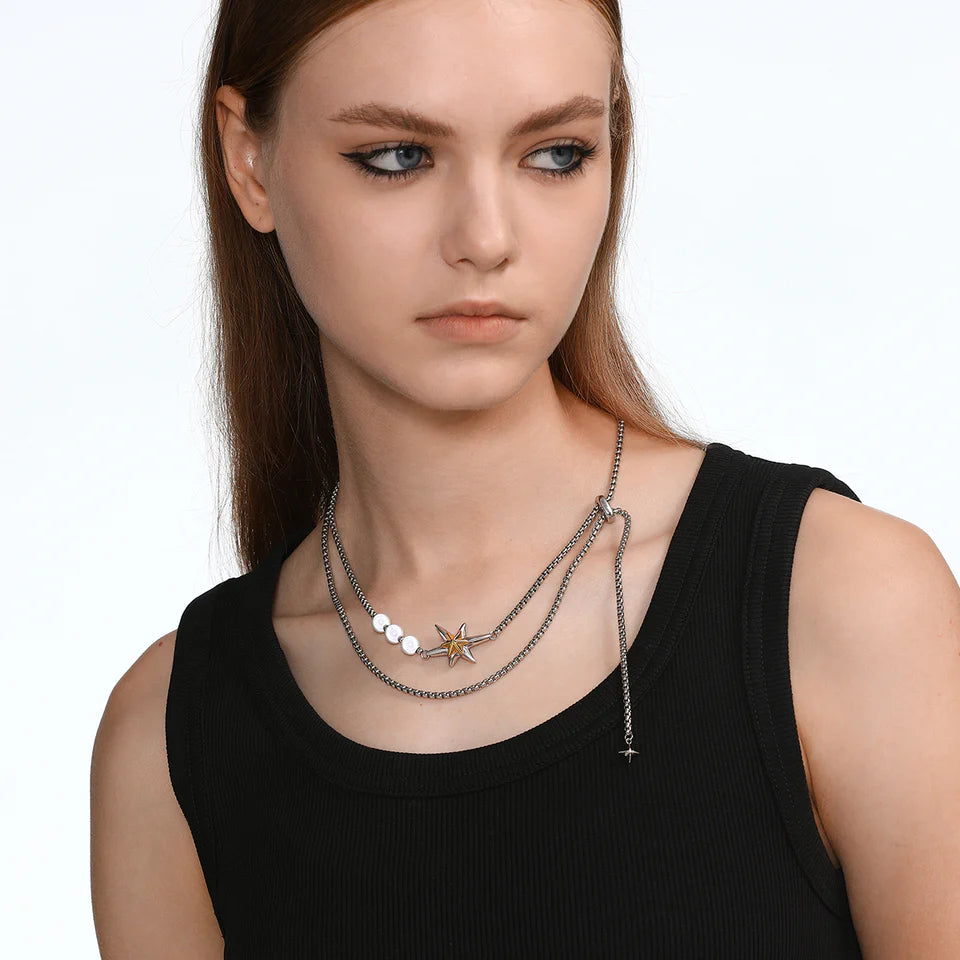 Gold and Silver Color-Blocked Adjustable Star Necklace